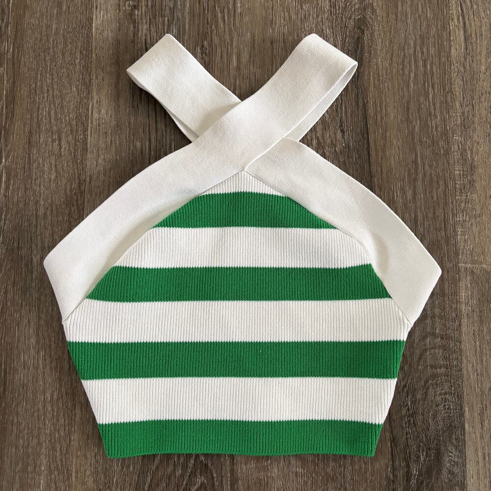 Aritzia Babaton Sculpt Knit Criss Cross Crop Tank White/Gloss Green - Size: XS